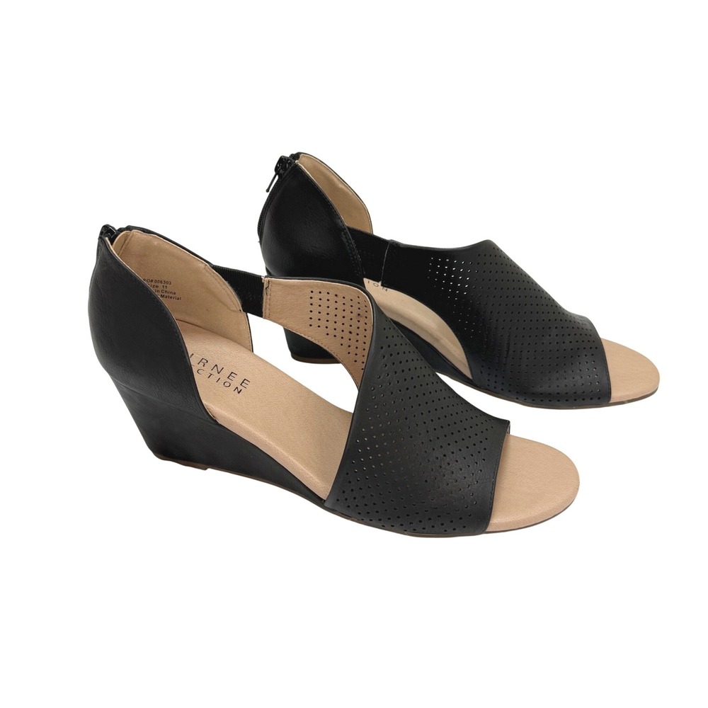 Journee Collection Black Aretha Wedge Sandals 11 Perforated Peep Toe Heel Office